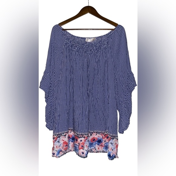 Terra‎ & Sky Women Checkered Plaid Blouse Smocked Bell Sleeve 2X Dainty Flowy - Picture 1 of 7